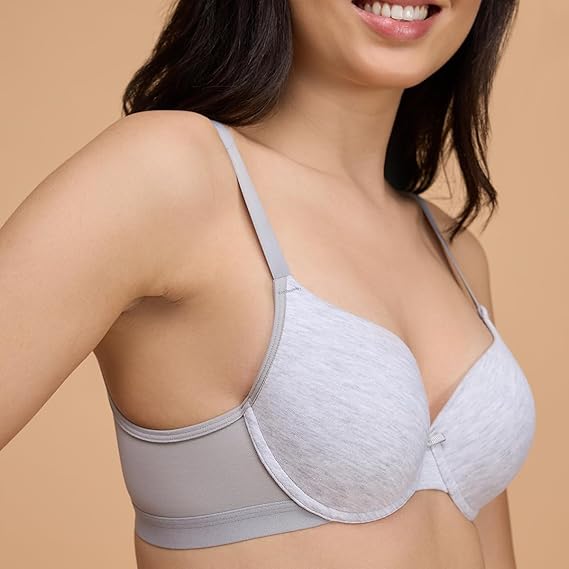 NYKD Encircled with Love Everyday Cotton Push-Up Bra for Women Wired, Full Coverage, Lightweight, Adjustable Straps – NYB249, Grey Melange, 30C